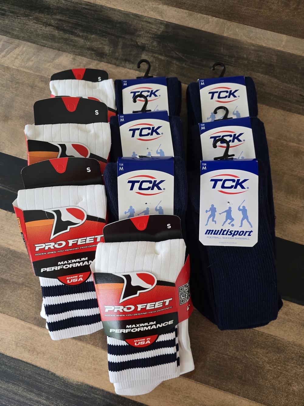 Young Men’s Athletic Crew Socks - White with Navy Stripes